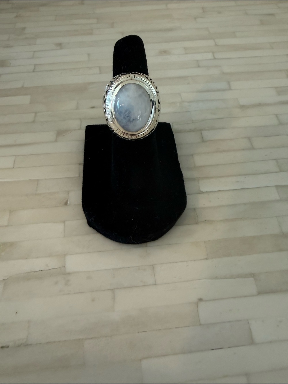 Artisan Silver Ring with oval moonstone, size 4, 925 sterling silver.